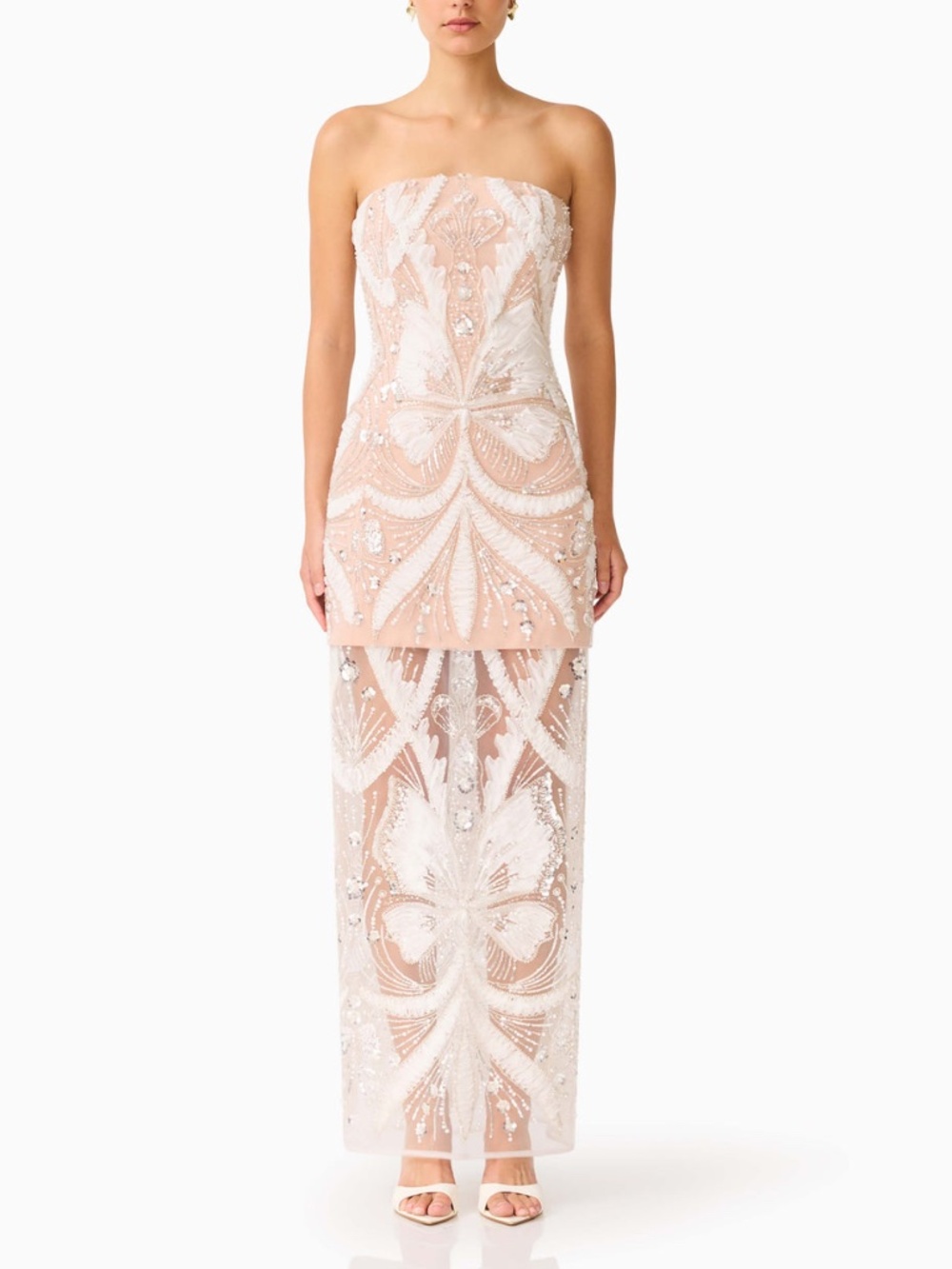 ELLIATT Orvella Embellished Maxi Dress White Beige Sequin Embellished Sheer